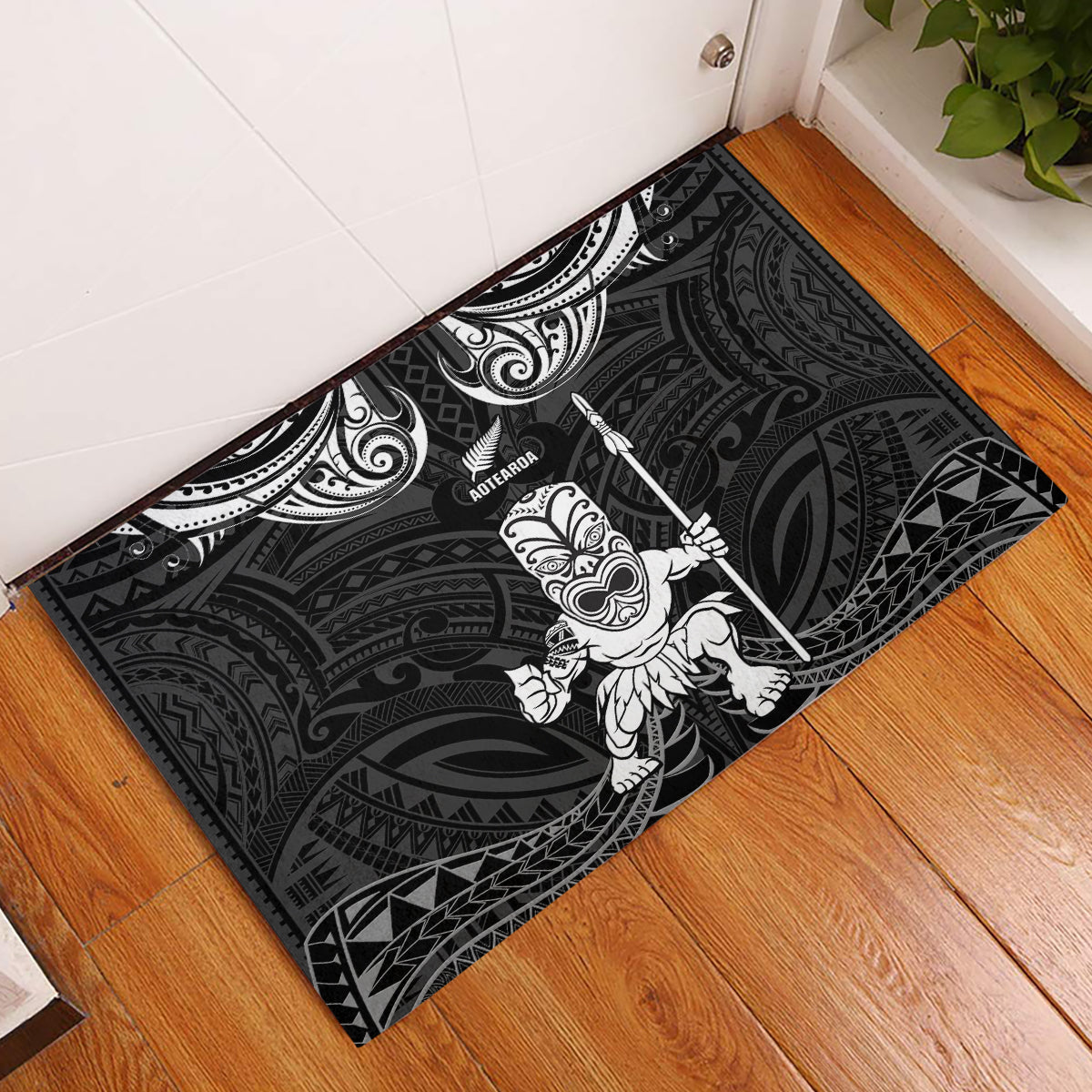 New Zealand Maori Taiaha Rubber Doormat Tiki Warrior Black LT05 Black - Polynesian Pride