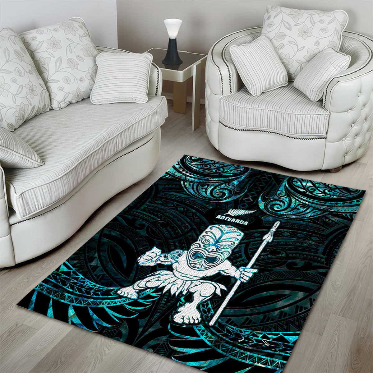 New Zealand Maori Taiaha Area Rug Tiki Warrior Paua Shell LT05 - Polynesian Pride