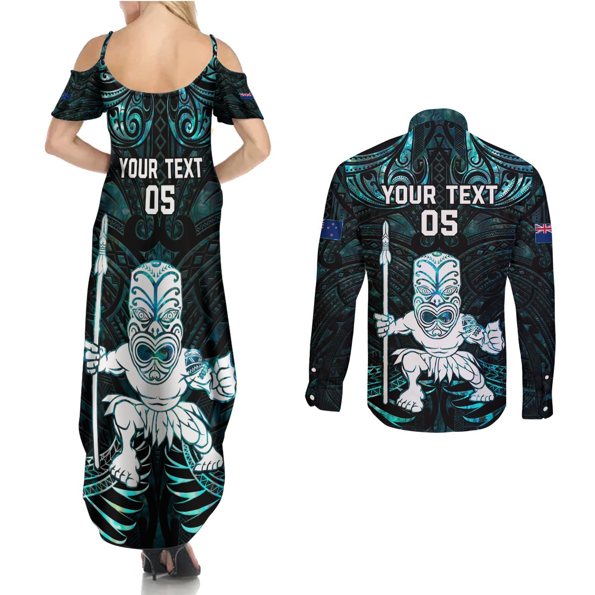 Custom New Zealand Maori Taiaha Couples Matching Summer Maxi Dress and Long Sleeve Button Shirt Tiki Warrior Paua Shell LT05 - Polynesian Pride