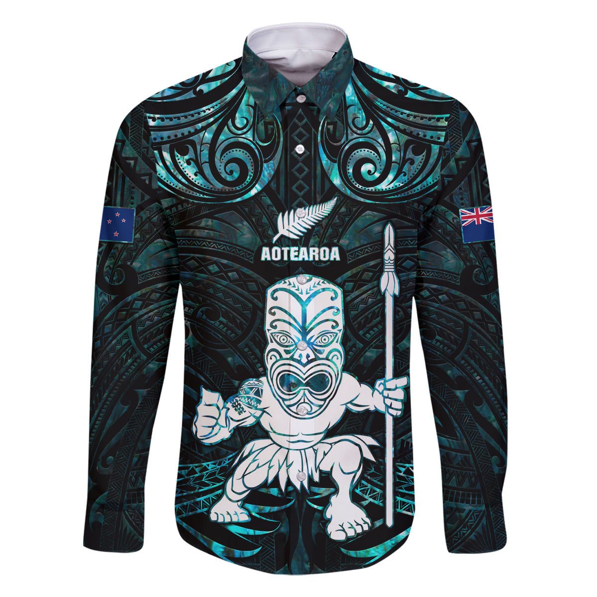 Custom New Zealand Maori Taiaha Family Matching Off Shoulder Short Dress and Hawaiian Shirt Tiki Warrior Paua Shell LT05 Dad's Shirt - Long Sleeve Black - Polynesian Pride