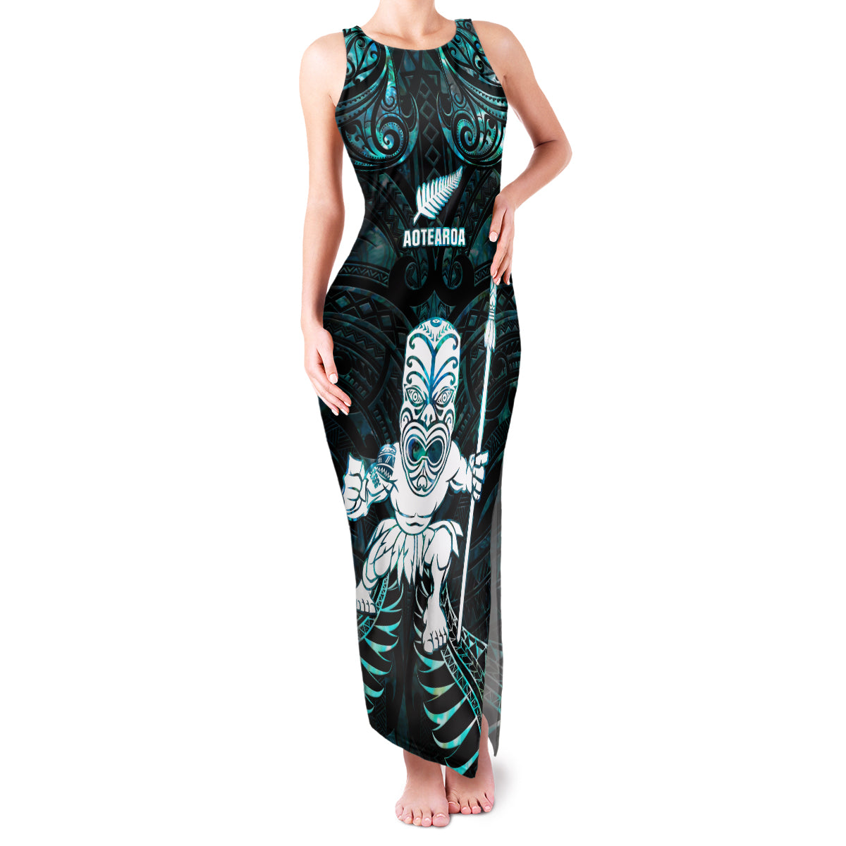 Custom New Zealand Maori Taiaha Family Matching Tank Maxi Dress and Hawaiian Shirt Tiki Warrior Paua Shell LT05 Mom's Dress Black - Polynesian Pride