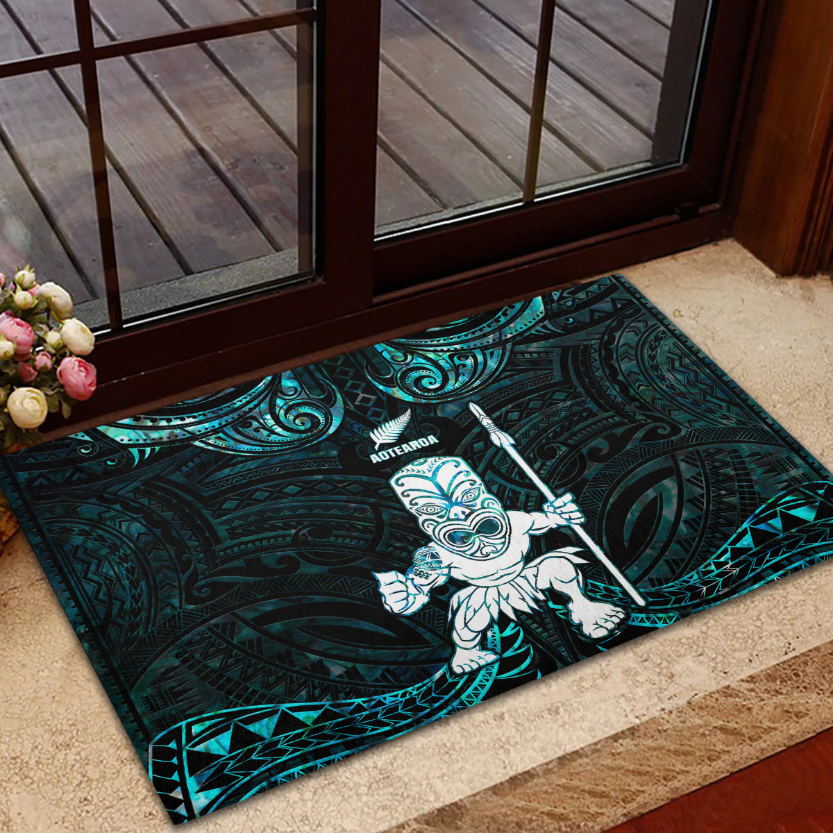 New Zealand Maori Taiaha Rubber Doormat Tiki Warrior Paua Shell LT05 - Polynesian Pride