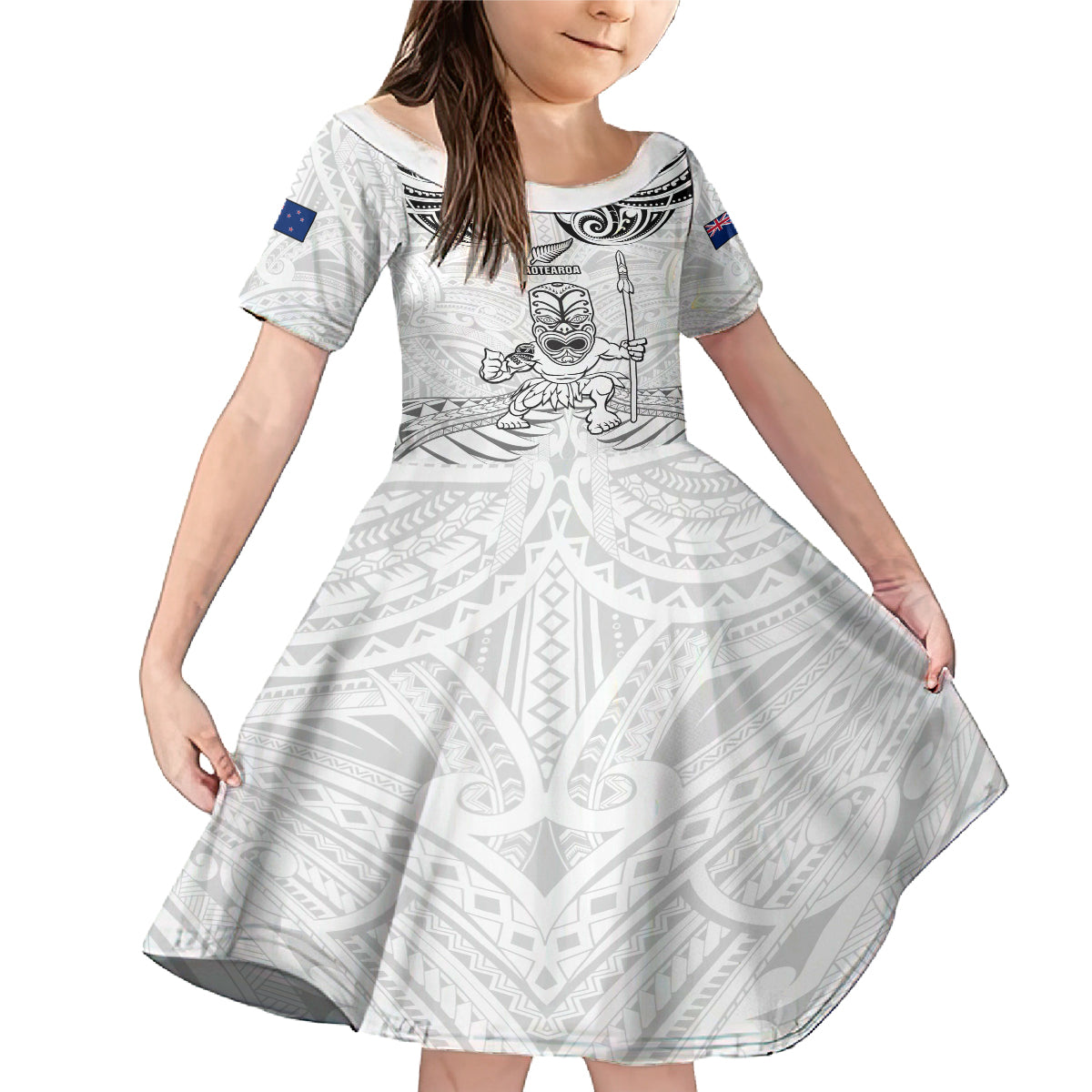 Custom New Zealand Maori Taiaha Family Matching Mermaid Dress and Hawaiian Shirt Tiki Warrior White LT05 Daughter's Dress White - Polynesian Pride