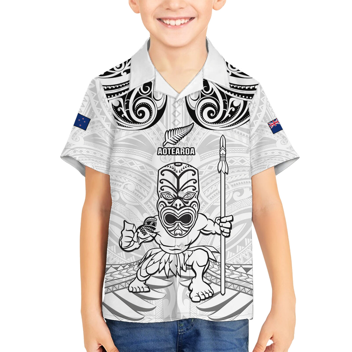 Custom New Zealand Maori Taiaha Family Matching Off Shoulder Maxi Dress and Hawaiian Shirt Tiki Warrior White LT05 Son's Shirt White - Polynesian Pride