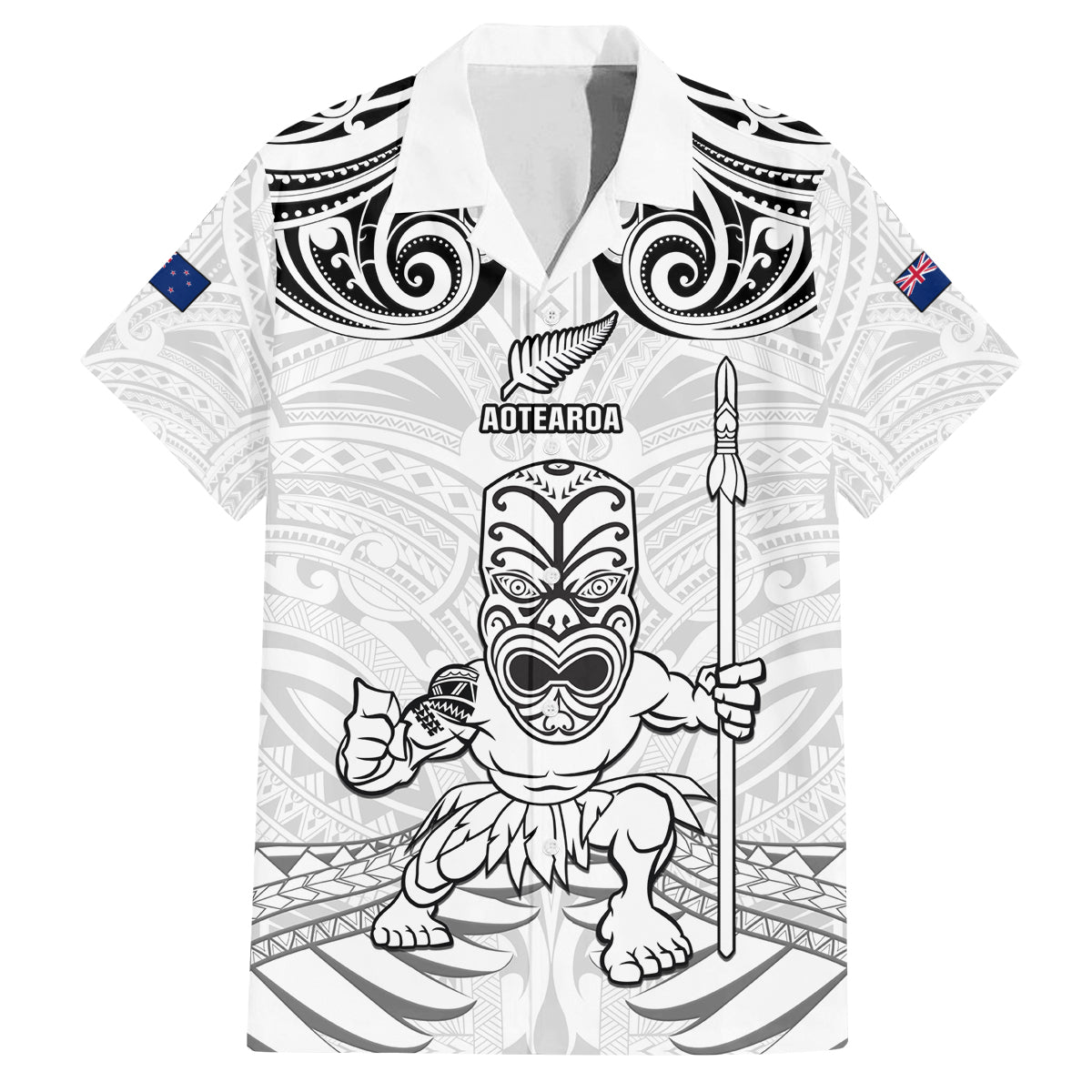 Custom New Zealand Maori Taiaha Family Matching Tank Maxi Dress and Hawaiian Shirt Tiki Warrior White LT05 Dad's Shirt - Short Sleeve White - Polynesian Pride