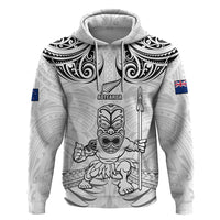 Custom New Zealand Maori Taiaha Zip Hoodie Tiki Warrior White LT05 Pullover Hoodie White - Polynesian Pride