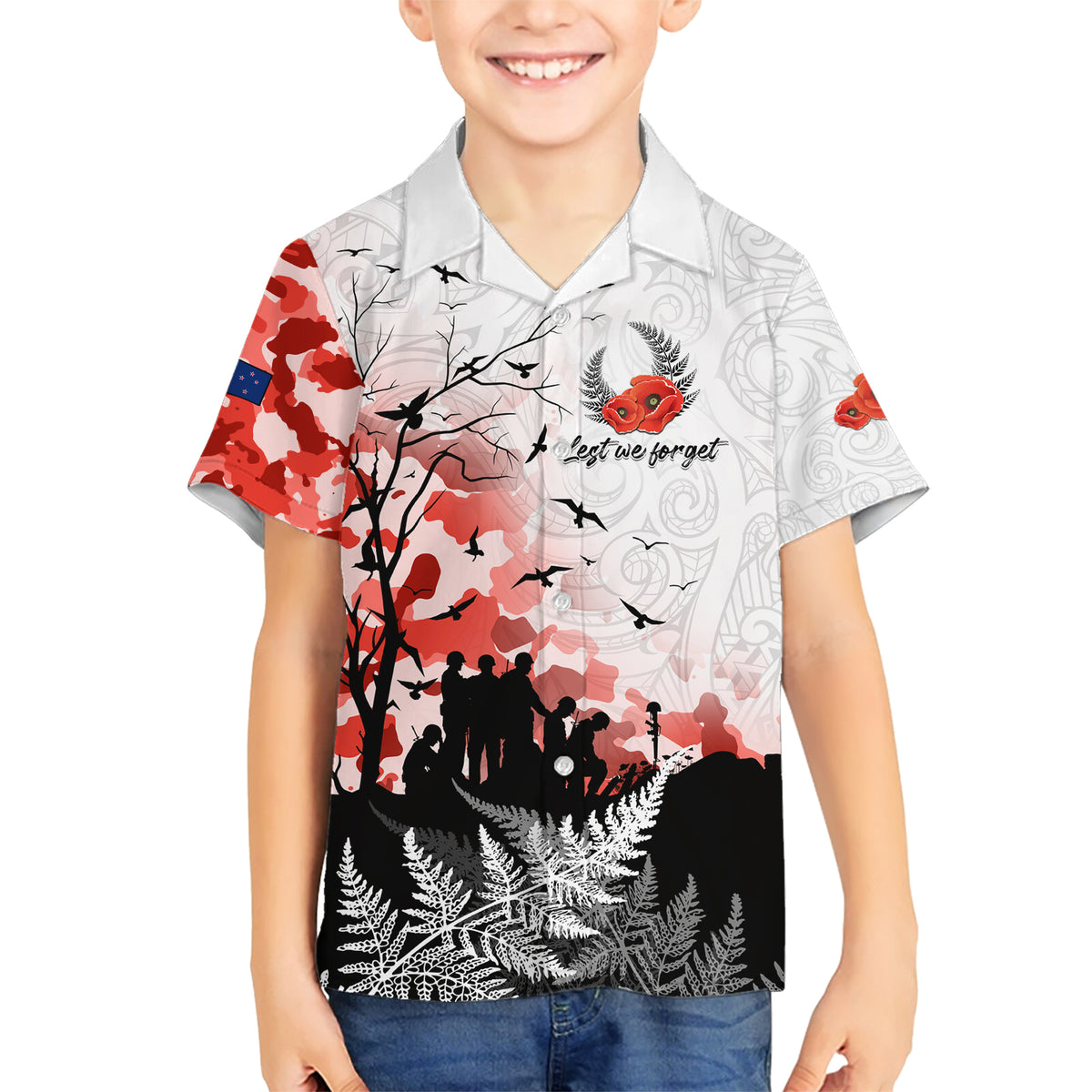 Kei Wareware Tatou New Zealand ANZAC Day Family Matching Short Sleeve Bodycon Dress and Hawaiian Shirt Lest We Forget LT05 Son's Shirt White - Polynesian Pride