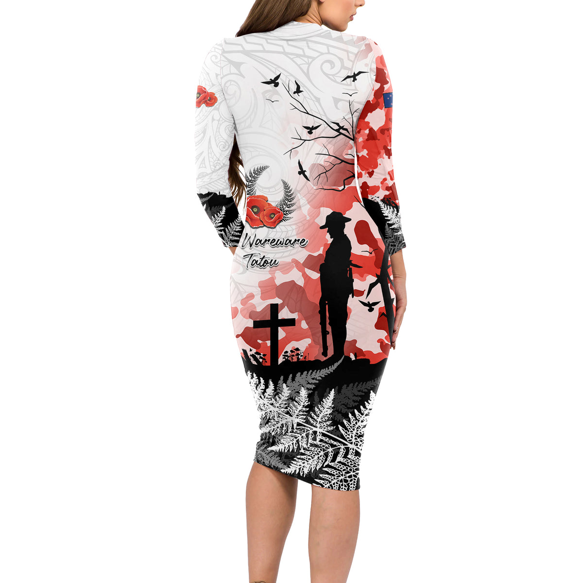 Kei Wareware Tatou New Zealand ANZAC Day Long Sleeve Bodycon Dress Lest We Forget LT05 - Polynesian Pride