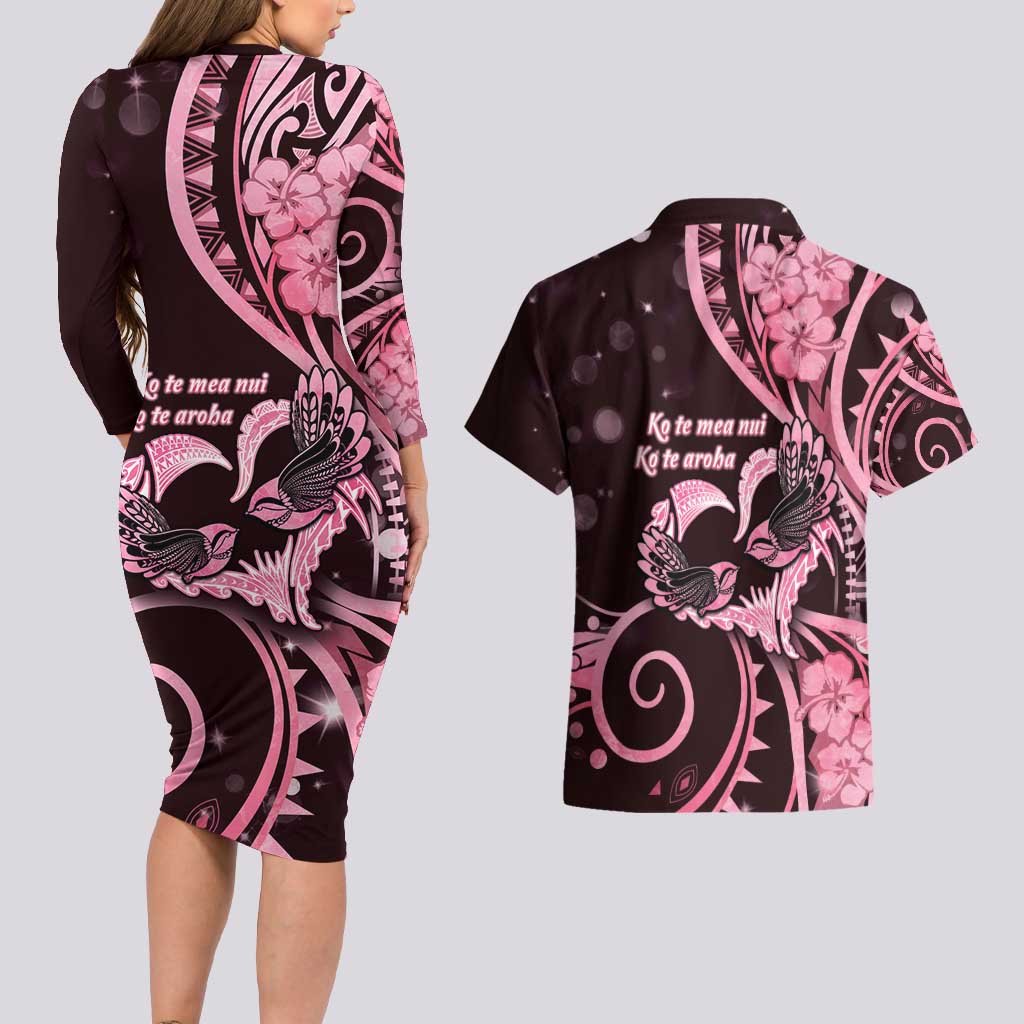 New Zealand Valentine Couples Matching Long Sleeve Bodycon Dress and Hawaiian Shirt Aroha Sweet Pink Piwakawaka LT05 - Polynesian Pride