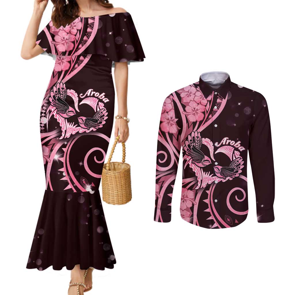 New Zealand Valentine Couples Matching Mermaid Dress and Long Sleeve Button Shirt Aroha Sweet Pink Piwakawaka LT05 Pink - Polynesian Pride
