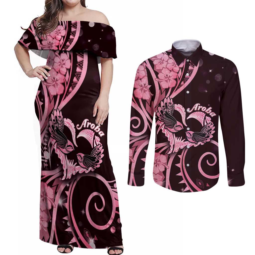 New Zealand Valentine Couples Matching Off Shoulder Maxi Dress and Long Sleeve Button Shirt Aroha Sweet Pink Piwakawaka LT05 Pink - Polynesian Pride