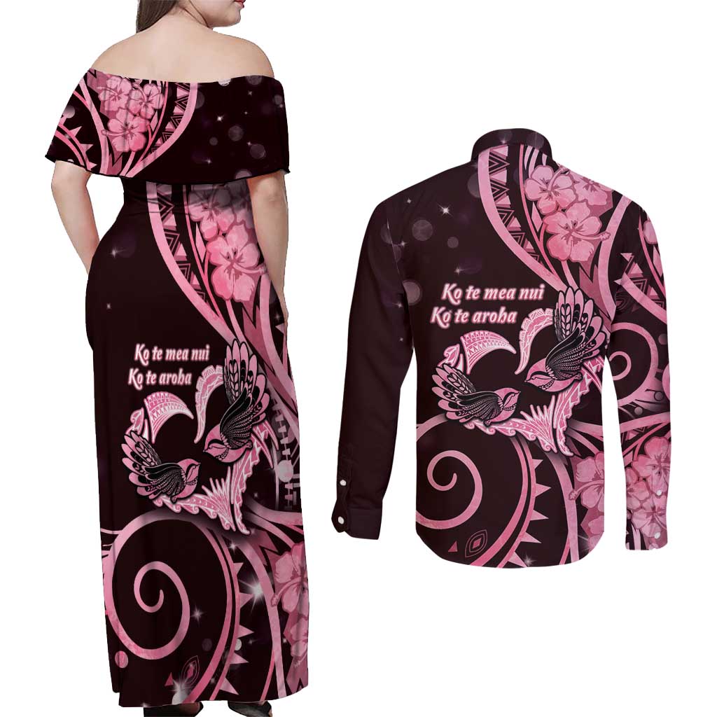 New Zealand Valentine Couples Matching Off Shoulder Maxi Dress and Long Sleeve Button Shirt Aroha Sweet Pink Piwakawaka LT05 - Polynesian Pride