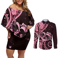 New Zealand Valentine Couples Matching Off Shoulder Short Dress and Long Sleeve Button Shirt Aroha Sweet Pink Piwakawaka LT05 Pink - Polynesian Pride