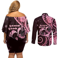 New Zealand Valentine Couples Matching Off Shoulder Short Dress and Long Sleeve Button Shirt Aroha Sweet Pink Piwakawaka LT05 - Polynesian Pride