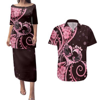 New Zealand Valentine Couples Matching Puletasi and Hawaiian Shirt Aroha Sweet Pink Piwakawaka LT05 Pink - Polynesian Pride