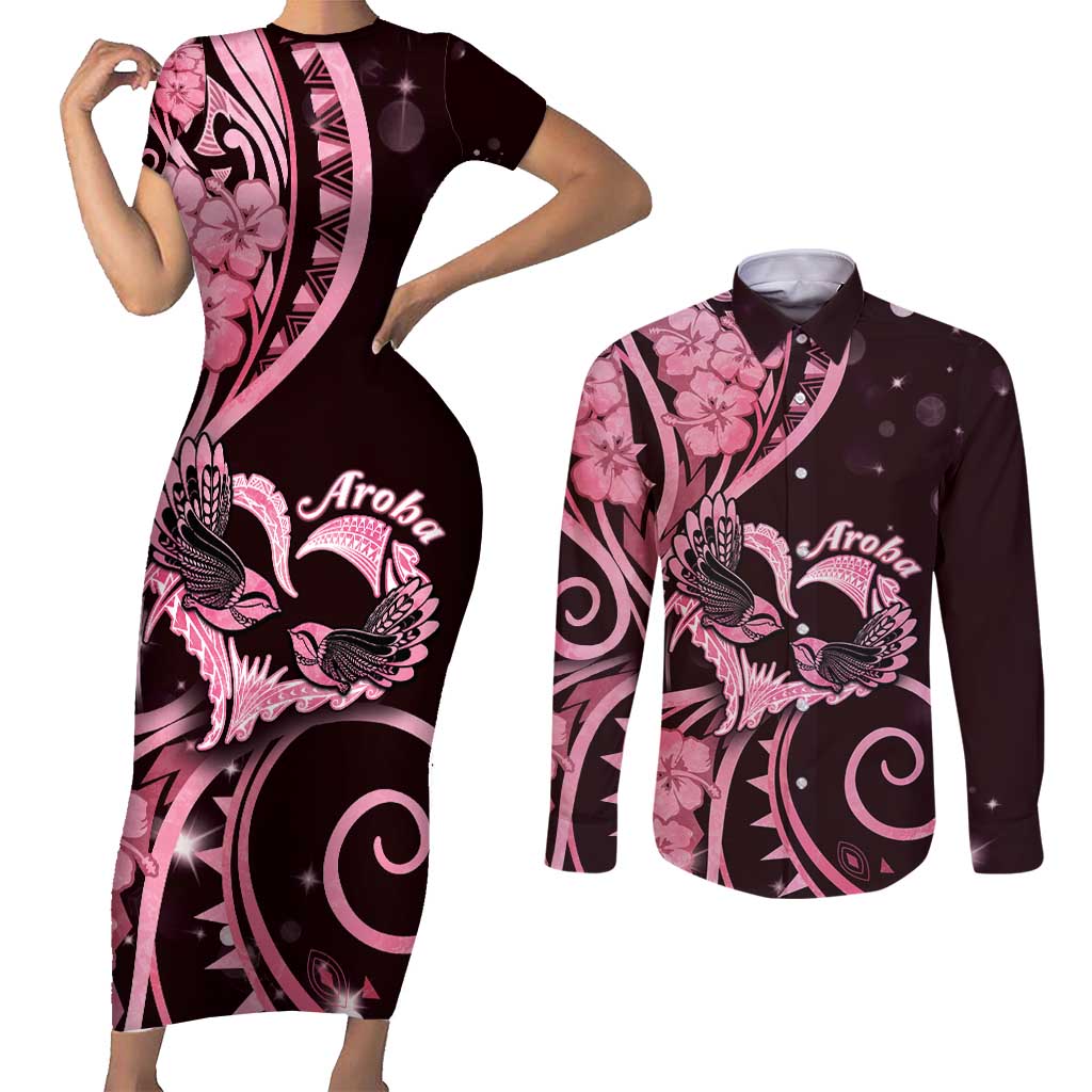 New Zealand Valentine Couples Matching Short Sleeve Bodycon Dress and Long Sleeve Button Shirt Aroha Sweet Pink Piwakawaka LT05 Pink - Polynesian Pride