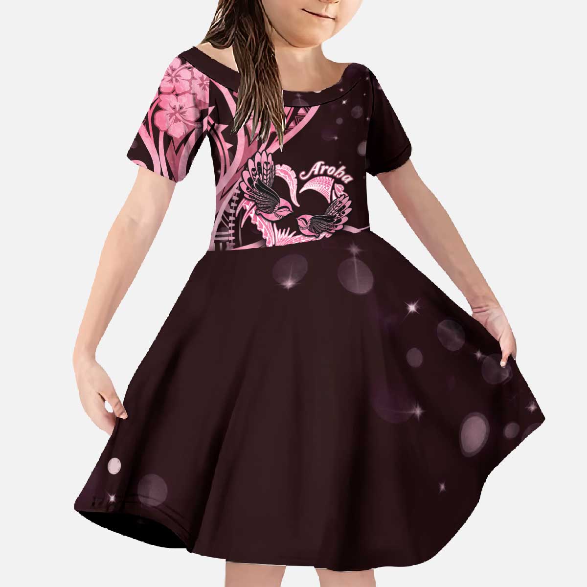 New Zealand Valentine Family Matching Off The Shoulder Long Sleeve Dress and Hawaiian Shirt Aroha Sweet Pink Piwakawaka LT05 - Polynesian Pride
