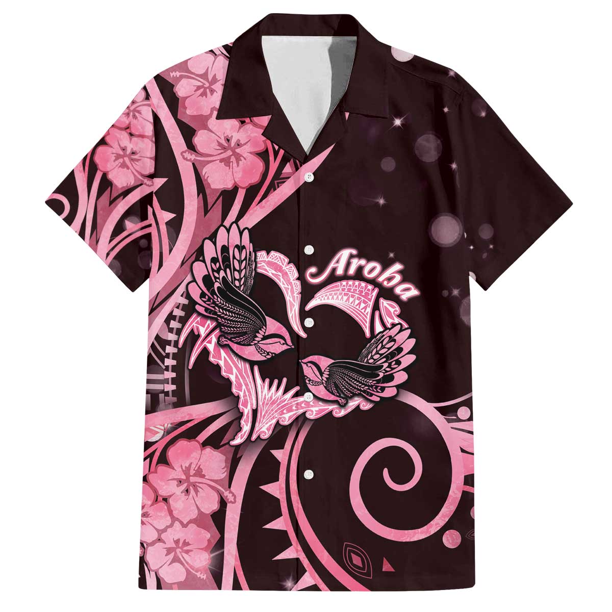 New Zealand Valentine Family Matching Off The Shoulder Long Sleeve Dress and Hawaiian Shirt Aroha Sweet Pink Piwakawaka LT05 - Polynesian Pride