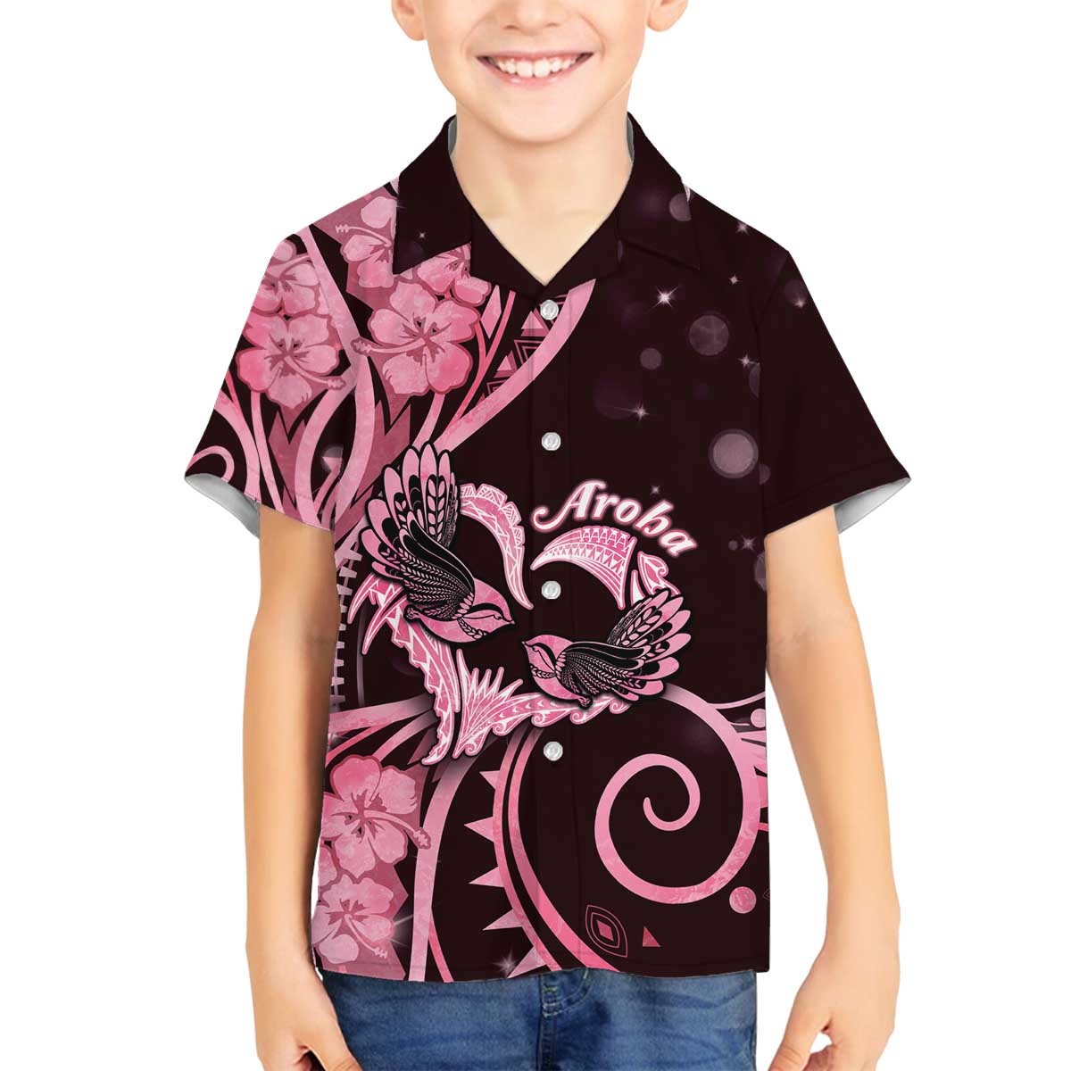 New Zealand Valentine Family Matching Off The Shoulder Long Sleeve Dress and Hawaiian Shirt Aroha Sweet Pink Piwakawaka LT05 - Polynesian Pride