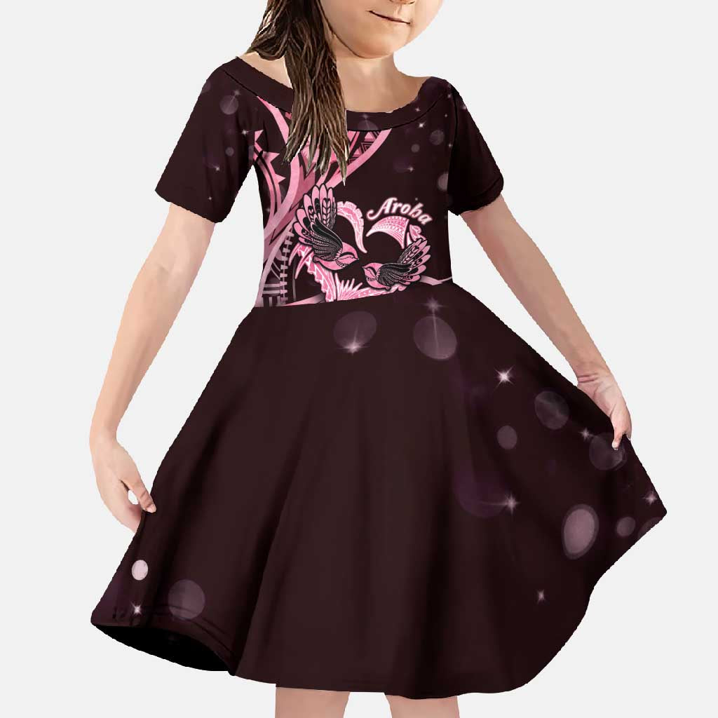 New Zealand Valentine Family Matching Off Shoulder Maxi Dress and Hawaiian Shirt Aroha Sweet Pink Piwakawaka LT05 Daughter's Dress Pink - Polynesian Pride
