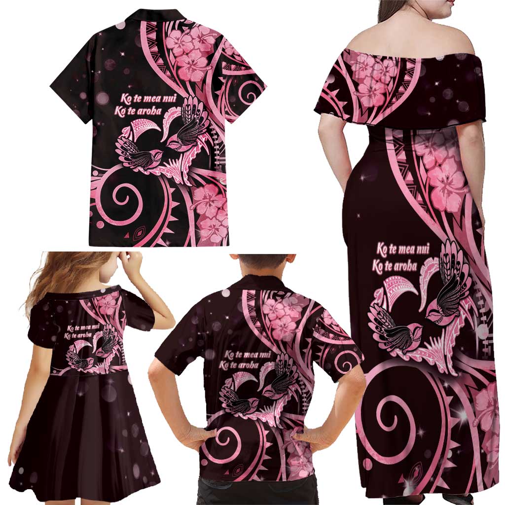 New Zealand Valentine Family Matching Off Shoulder Maxi Dress and Hawaiian Shirt Aroha Sweet Pink Piwakawaka LT05 - Polynesian Pride