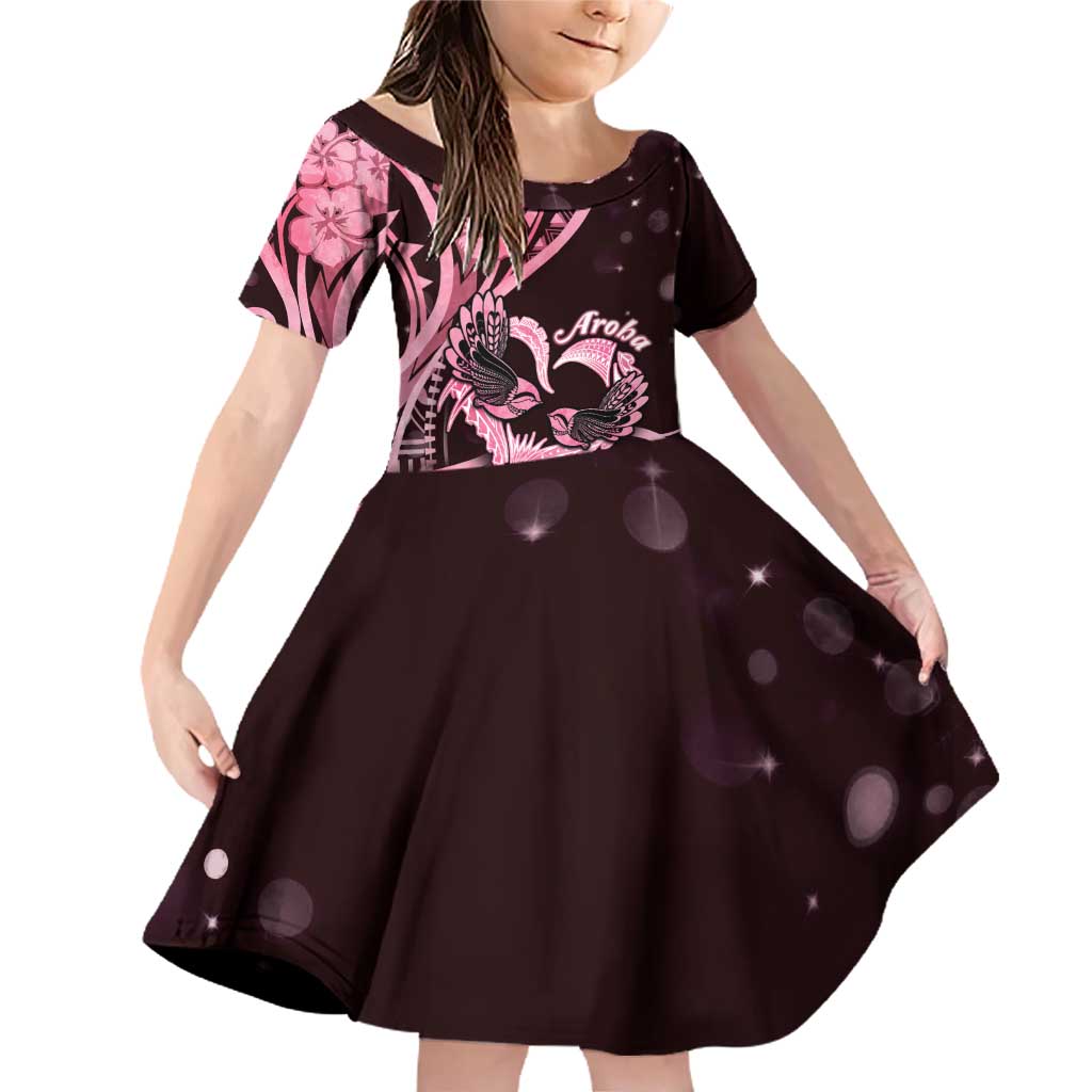 New Zealand Valentine Family Matching Off Shoulder Short Dress and Hawaiian Shirt Aroha Sweet Pink Piwakawaka LT05 Daughter's Dress Pink - Polynesian Pride