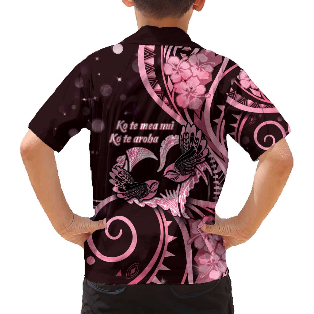 New Zealand Valentine Family Matching Puletasi and Hawaiian Shirt Aroha Sweet Pink Piwakawaka LT05 - Polynesian Pride