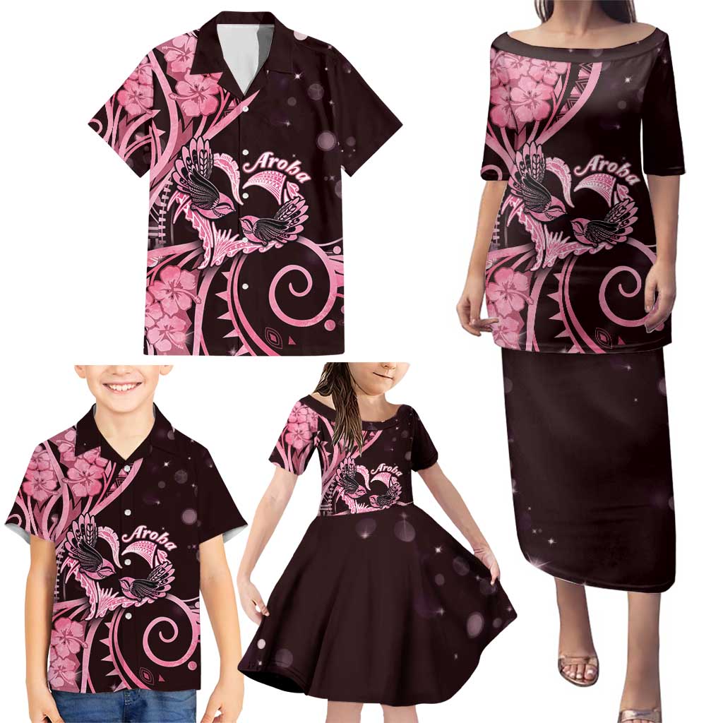 New Zealand Valentine Family Matching Puletasi and Hawaiian Shirt Aroha Sweet Pink Piwakawaka LT05 - Polynesian Pride