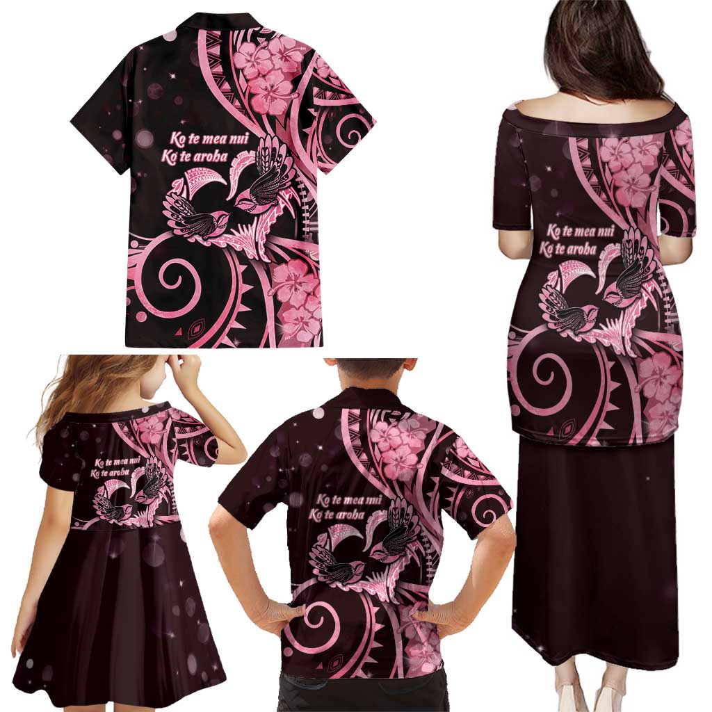New Zealand Valentine Family Matching Puletasi and Hawaiian Shirt Aroha Sweet Pink Piwakawaka LT05 - Polynesian Pride