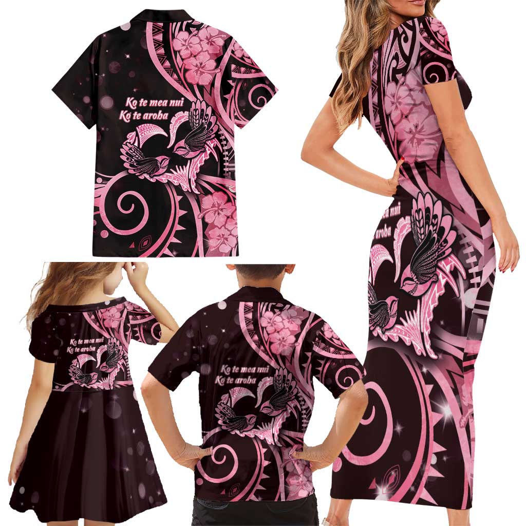 New Zealand Valentine Family Matching Short Sleeve Bodycon Dress and Hawaiian Shirt Aroha Sweet Pink Piwakawaka LT05 - Polynesian Pride