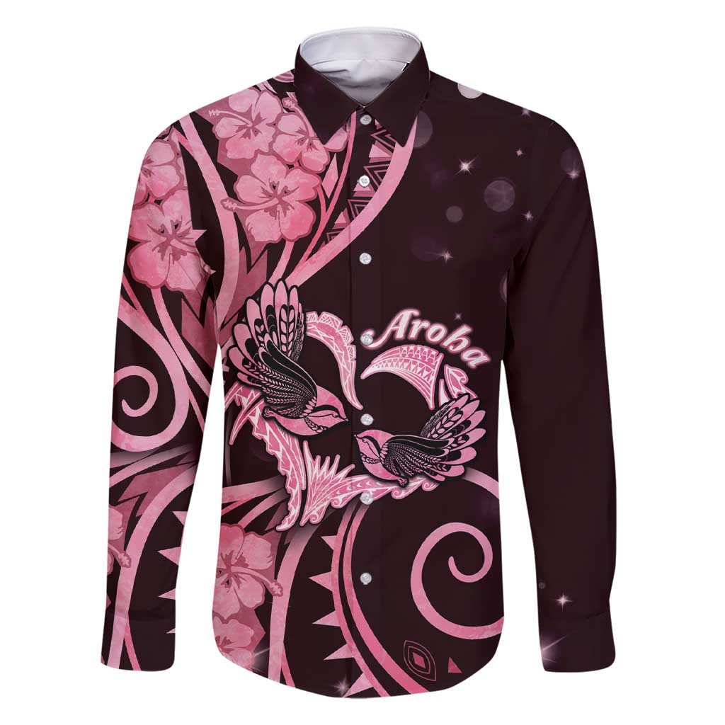 New Zealand Valentine Family Matching Short Sleeve Bodycon Dress and Hawaiian Shirt Aroha Sweet Pink Piwakawaka LT05 Dad's Shirt - Long Sleeve Pink - Polynesian Pride