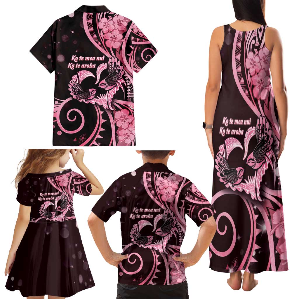 New Zealand Valentine Family Matching Tank Maxi Dress and Hawaiian Shirt Aroha Sweet Pink Piwakawaka LT05 - Polynesian Pride