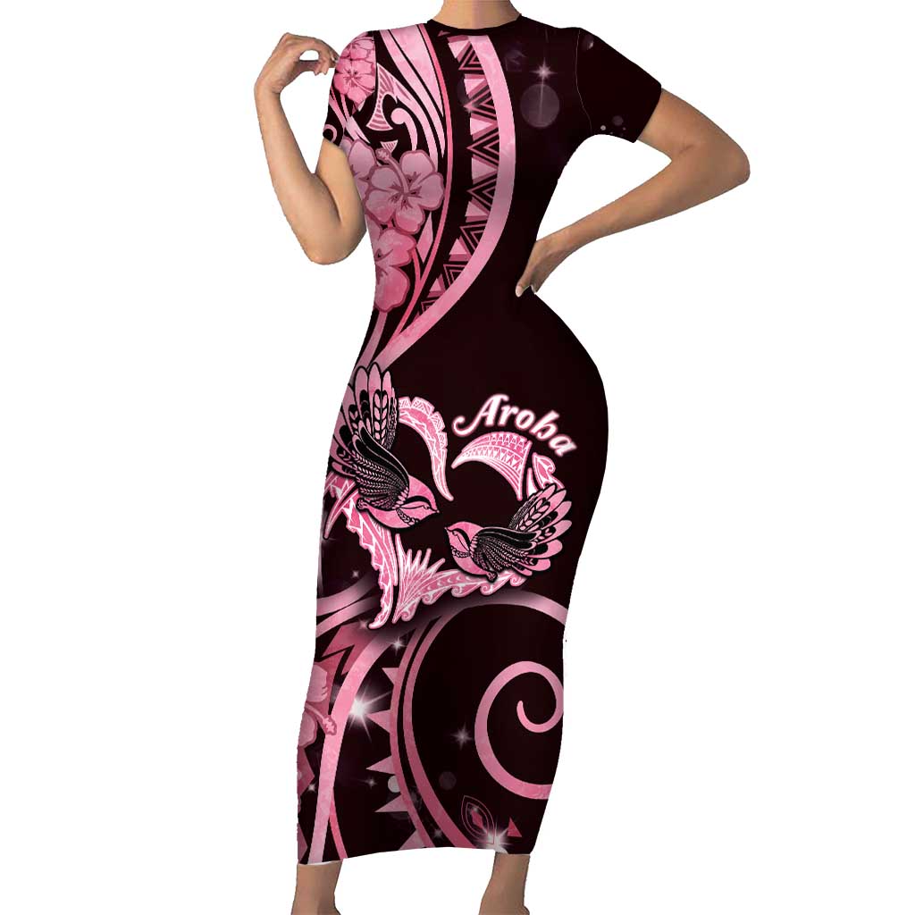 New Zealand Valentine Short Sleeve Bodycon Dress Aroha Sweet Pink Piwakawaka LT05 Long Dress Pink - Polynesian Pride