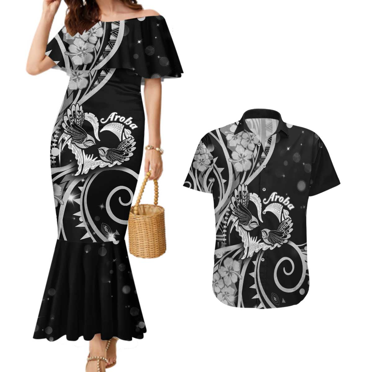 New Zealand Valentine Couples Matching Mermaid Dress and Hawaiian Shirt Aroha Gray Piwakawaka LT05 Gray - Polynesian Pride