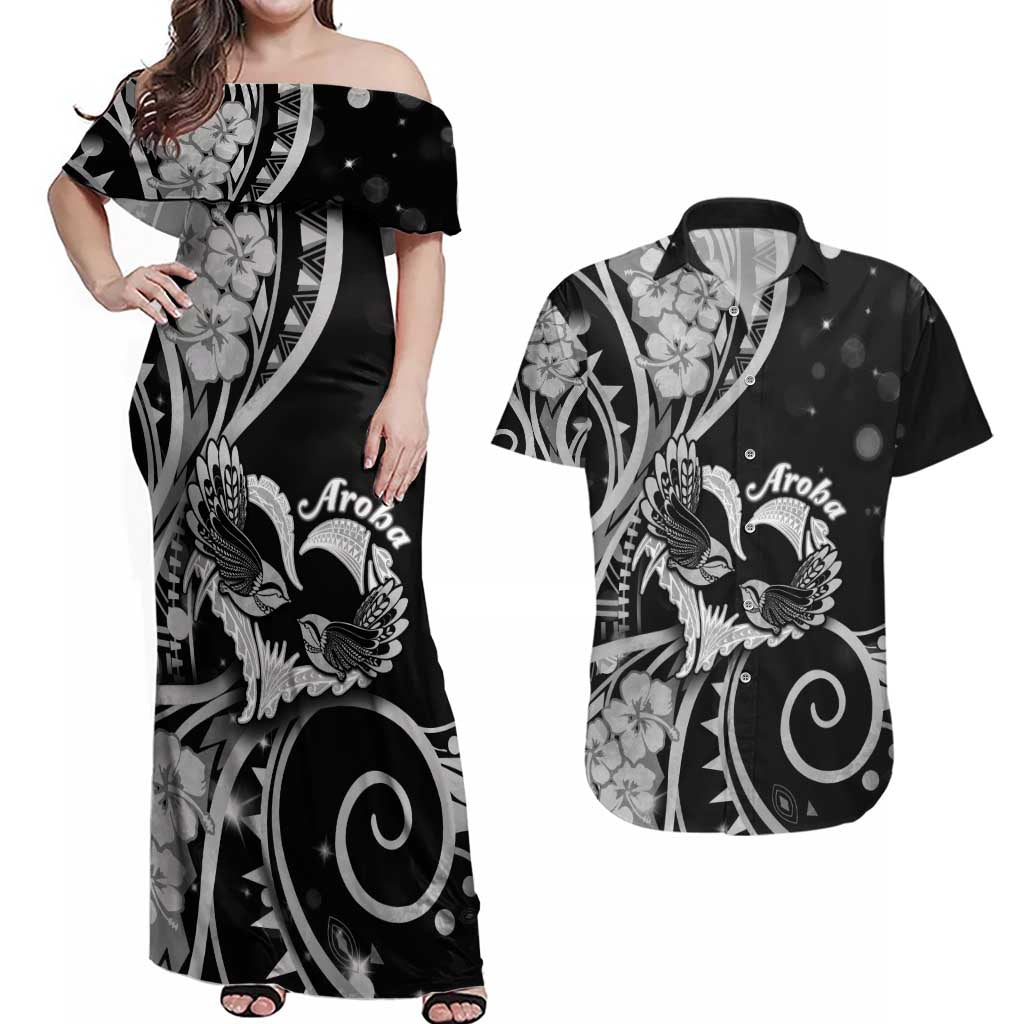 New Zealand Valentine Couples Matching Off Shoulder Maxi Dress and Hawaiian Shirt Aroha Gray Piwakawaka LT05 Gray - Polynesian Pride