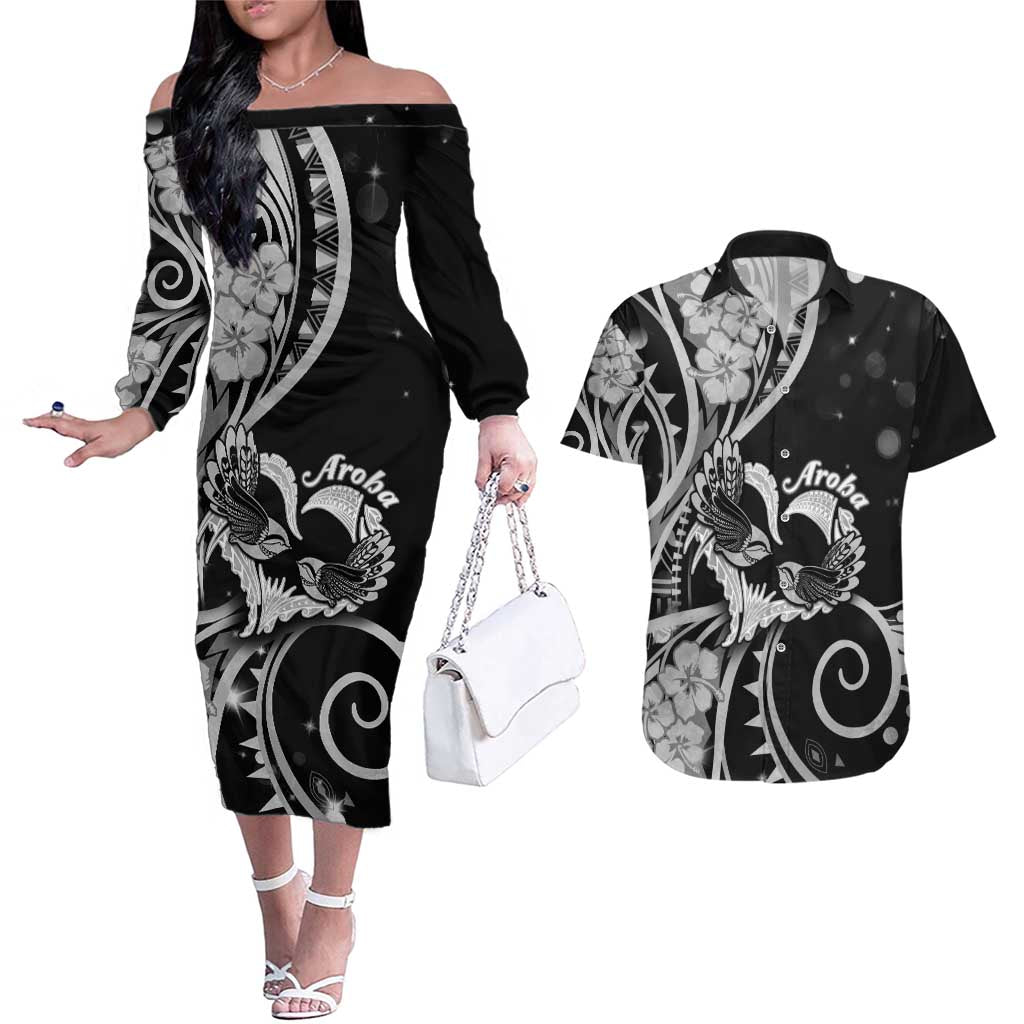 New Zealand Valentine Couples Matching Off The Shoulder Long Sleeve Dress and Hawaiian Shirt Aroha Gray Piwakawaka LT05 Gray - Polynesian Pride