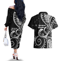 New Zealand Valentine Couples Matching Off The Shoulder Long Sleeve Dress and Hawaiian Shirt Aroha Gray Piwakawaka LT05 - Polynesian Pride