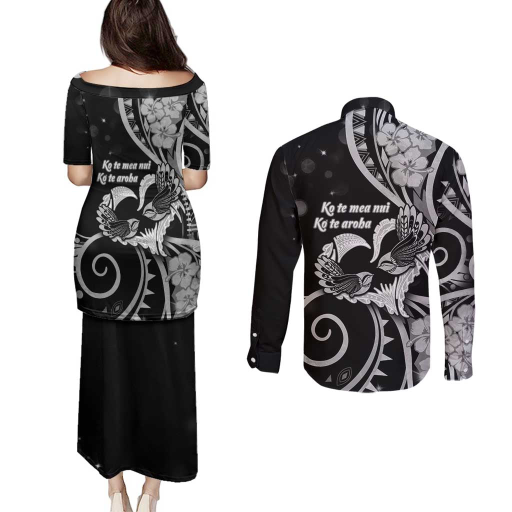 New Zealand Valentine Couples Matching Puletasi and Long Sleeve Button Shirt Aroha Gray Piwakawaka