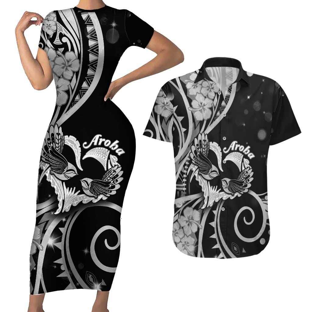 New Zealand Valentine Couples Matching Short Sleeve Bodycon Dress and Hawaiian Shirt Aroha Gray Piwakawaka LT05 Gray - Polynesian Pride