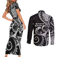 New Zealand Valentine Couples Matching Short Sleeve Bodycon Dress and Long Sleeve Button Shirt Aroha Gray Piwakawaka LT05 - Polynesian Pride