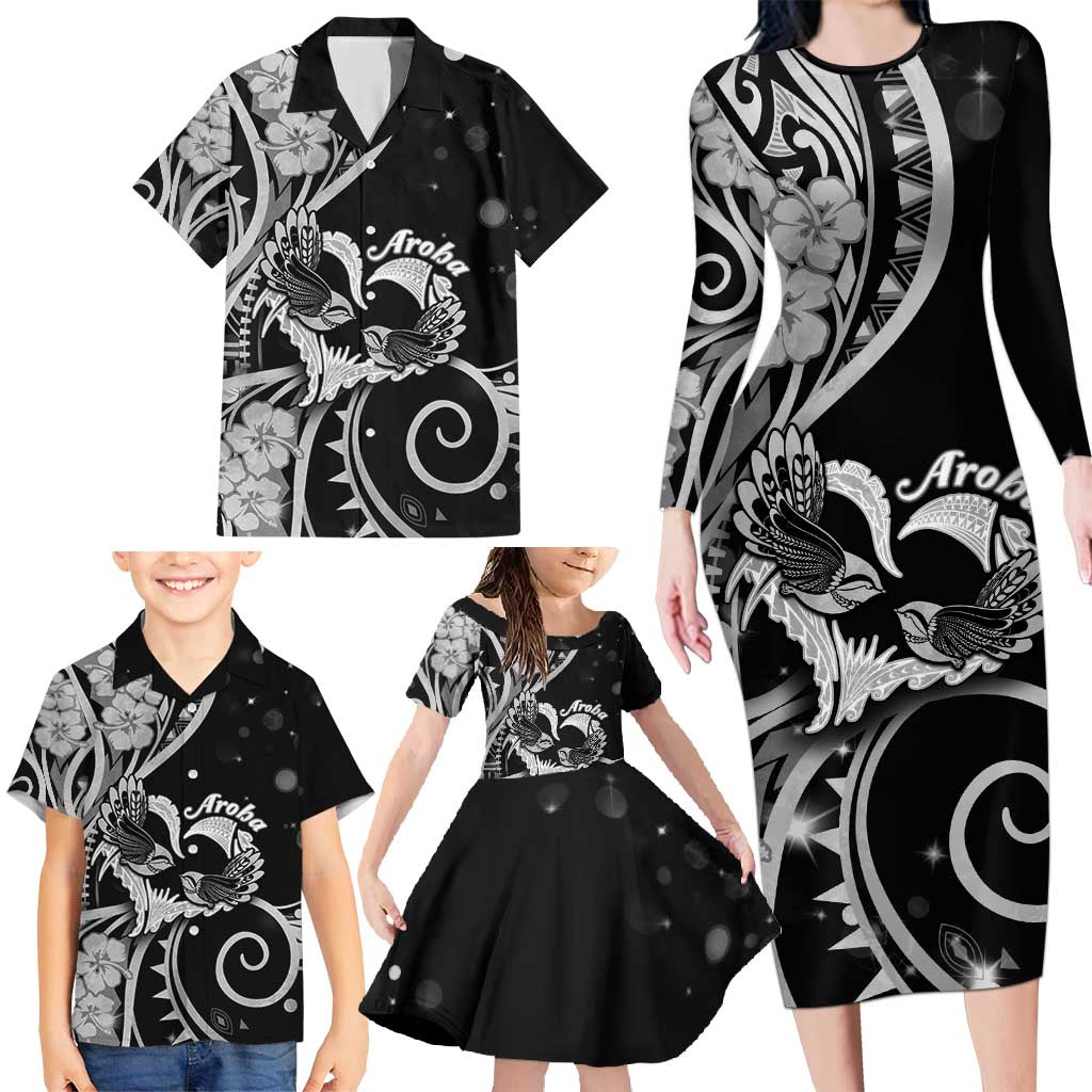 New Zealand Valentine Family Matching Long Sleeve Bodycon Dress and Hawaiian Shirt Aroha Gray Piwakawaka LT05 - Polynesian Pride