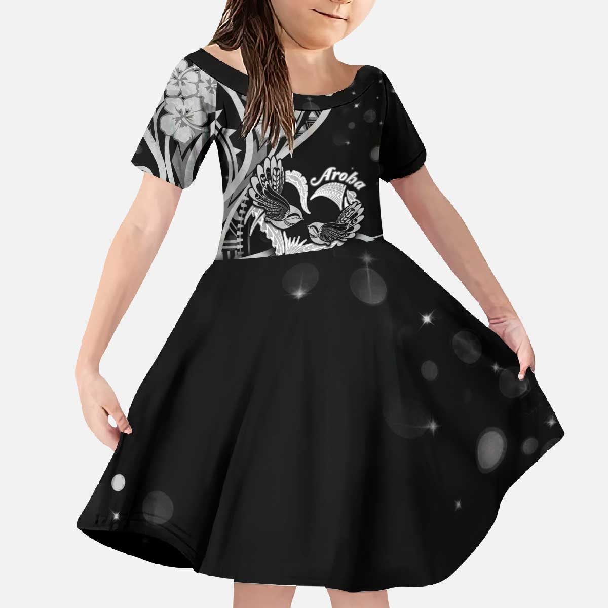 New Zealand Valentine Family Matching Off The Shoulder Long Sleeve Dress and Hawaiian Shirt Aroha Gray Piwakawaka LT05 - Polynesian Pride