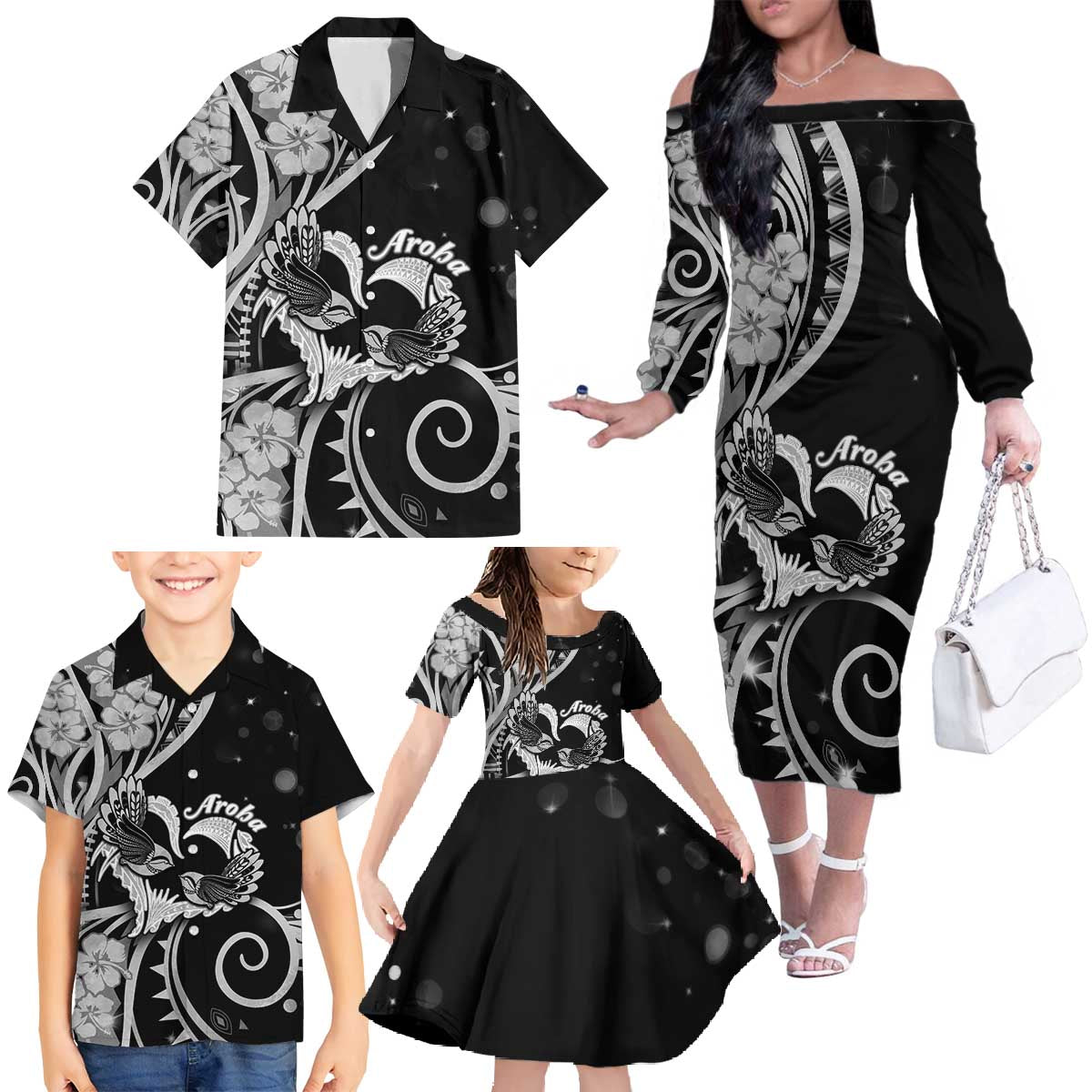 New Zealand Valentine Family Matching Off The Shoulder Long Sleeve Dress and Hawaiian Shirt Aroha Gray Piwakawaka LT05 Gray - Polynesian Pride
