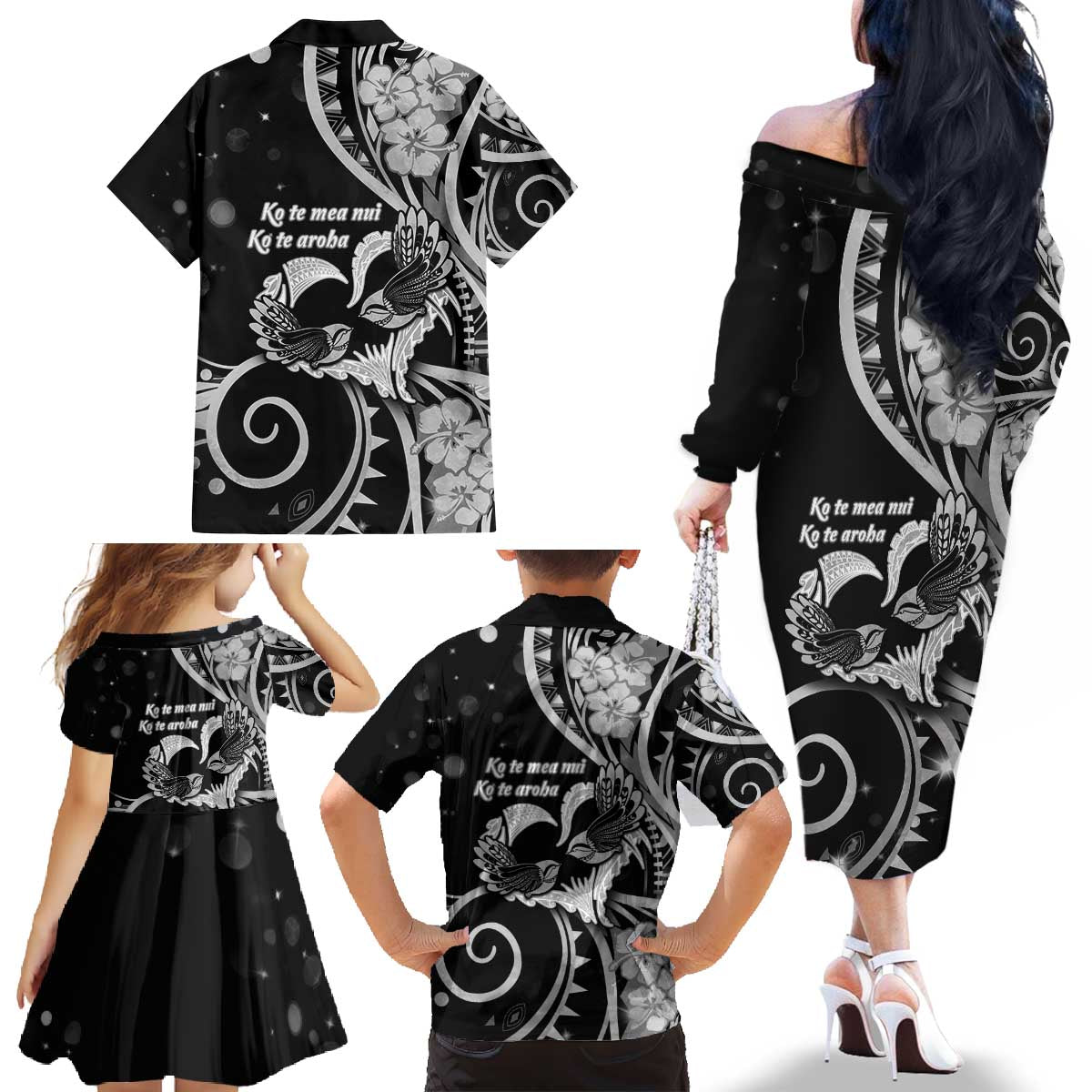 New Zealand Valentine Family Matching Off The Shoulder Long Sleeve Dress and Hawaiian Shirt Aroha Gray Piwakawaka LT05 - Polynesian Pride