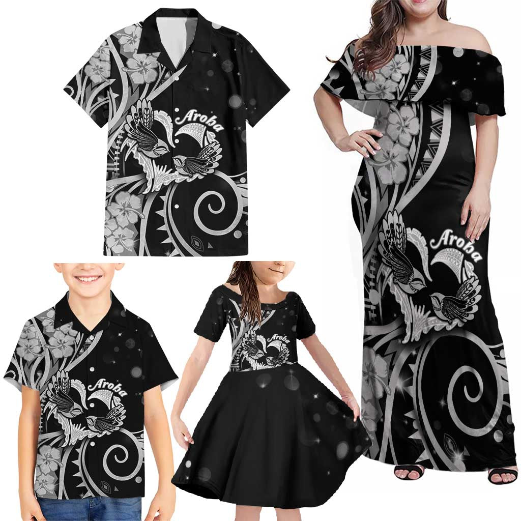 New Zealand Valentine Family Matching Off Shoulder Maxi Dress and Hawaiian Shirt Aroha Gray Piwakawaka LT05 - Polynesian Pride