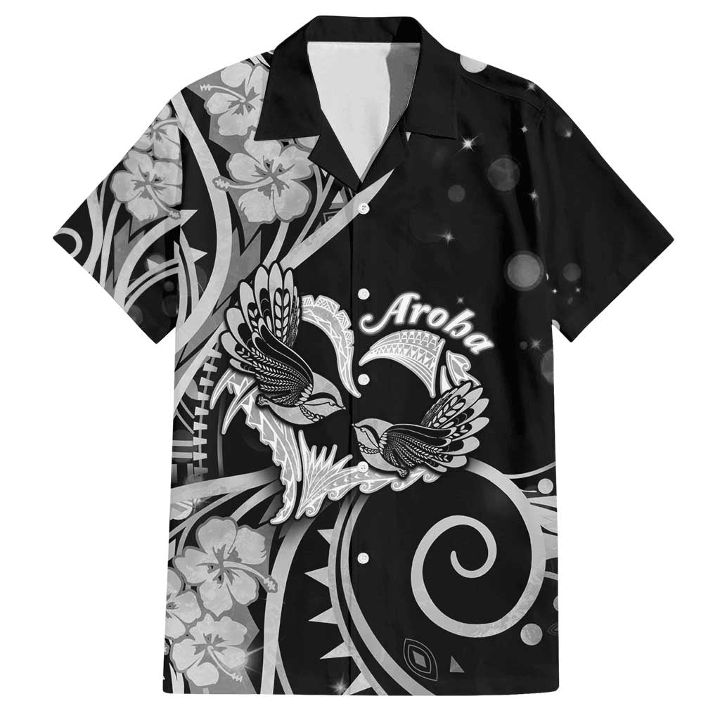 New Zealand Valentine Family Matching Off Shoulder Maxi Dress and Hawaiian Shirt Aroha Gray Piwakawaka LT05 Dad's Shirt - Short Sleeve Gray - Polynesian Pride