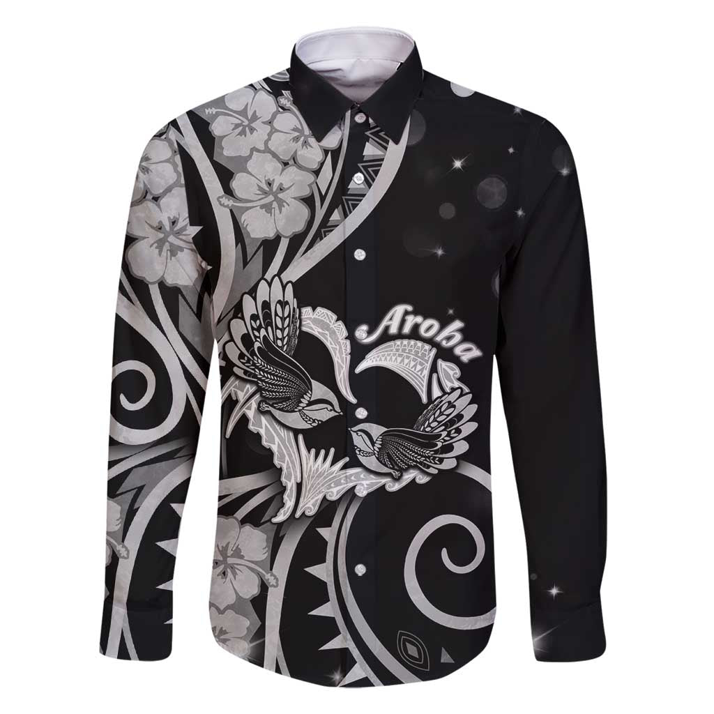 New Zealand Valentine Family Matching Off Shoulder Maxi Dress and Hawaiian Shirt Aroha Gray Piwakawaka LT05 Dad's Shirt - Long Sleeve Gray - Polynesian Pride