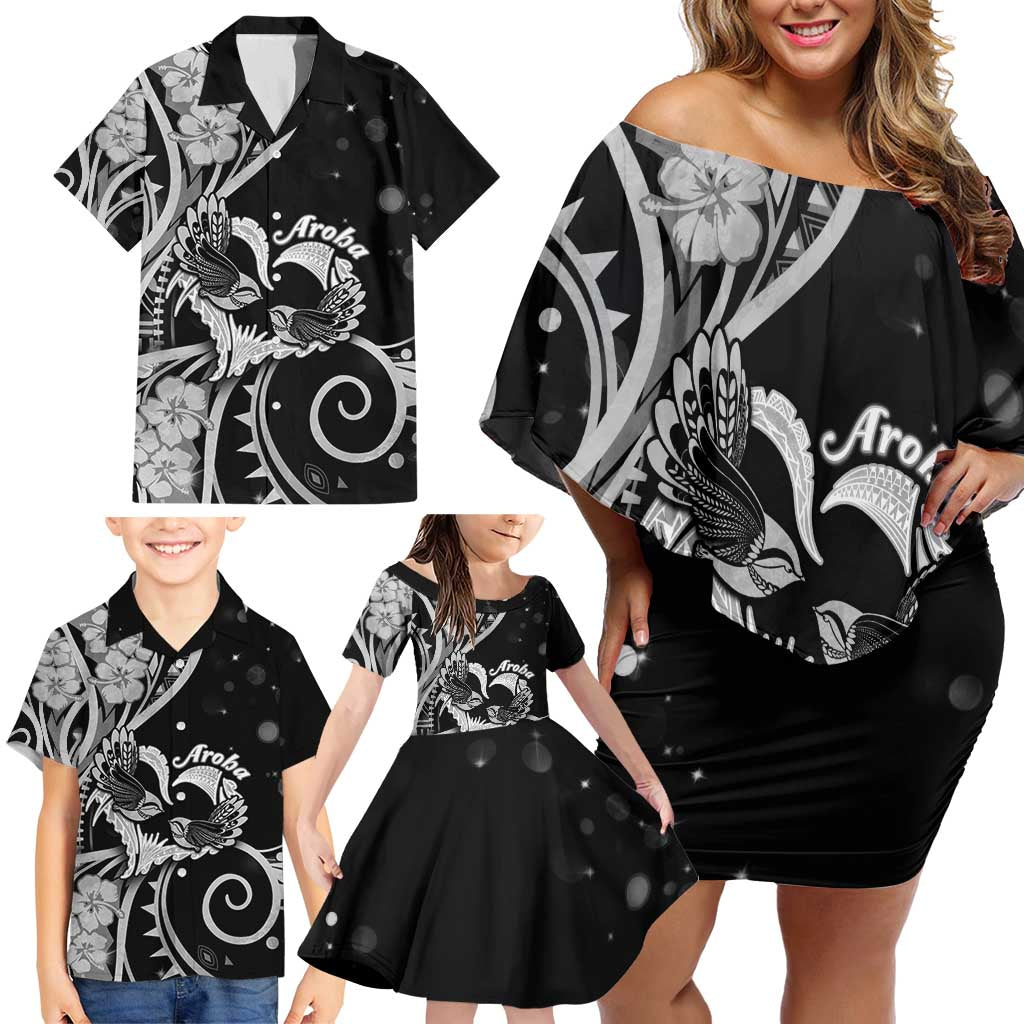 New Zealand Valentine Family Matching Off Shoulder Short Dress and Hawaiian Shirt Aroha Gray Piwakawaka LT05 - Polynesian Pride