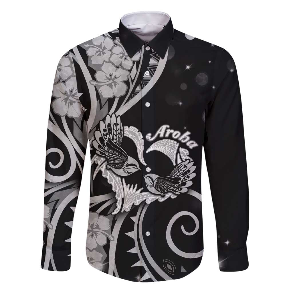 New Zealand Valentine Family Matching Short Sleeve Bodycon Dress and Hawaiian Shirt Aroha Gray Piwakawaka LT05 Dad's Shirt - Long Sleeve Gray - Polynesian Pride