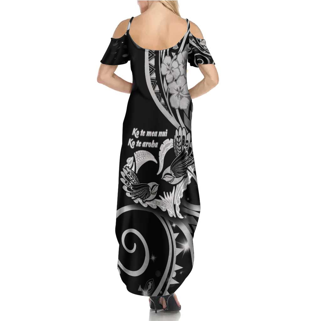 New Zealand Valentine Family Matching Summer Maxi Dress and Hawaiian Shirt Aroha Gray Piwakawaka LT05 - Polynesian Pride